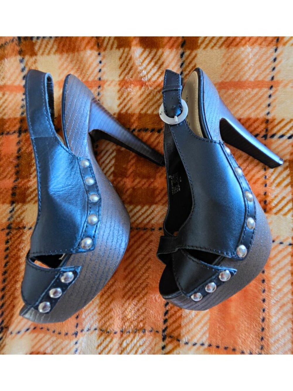 Andrea Black Faux Leather Platform Slingback Open Toe Studded Stiletto 6.5 14011 - Picture 3 of 15